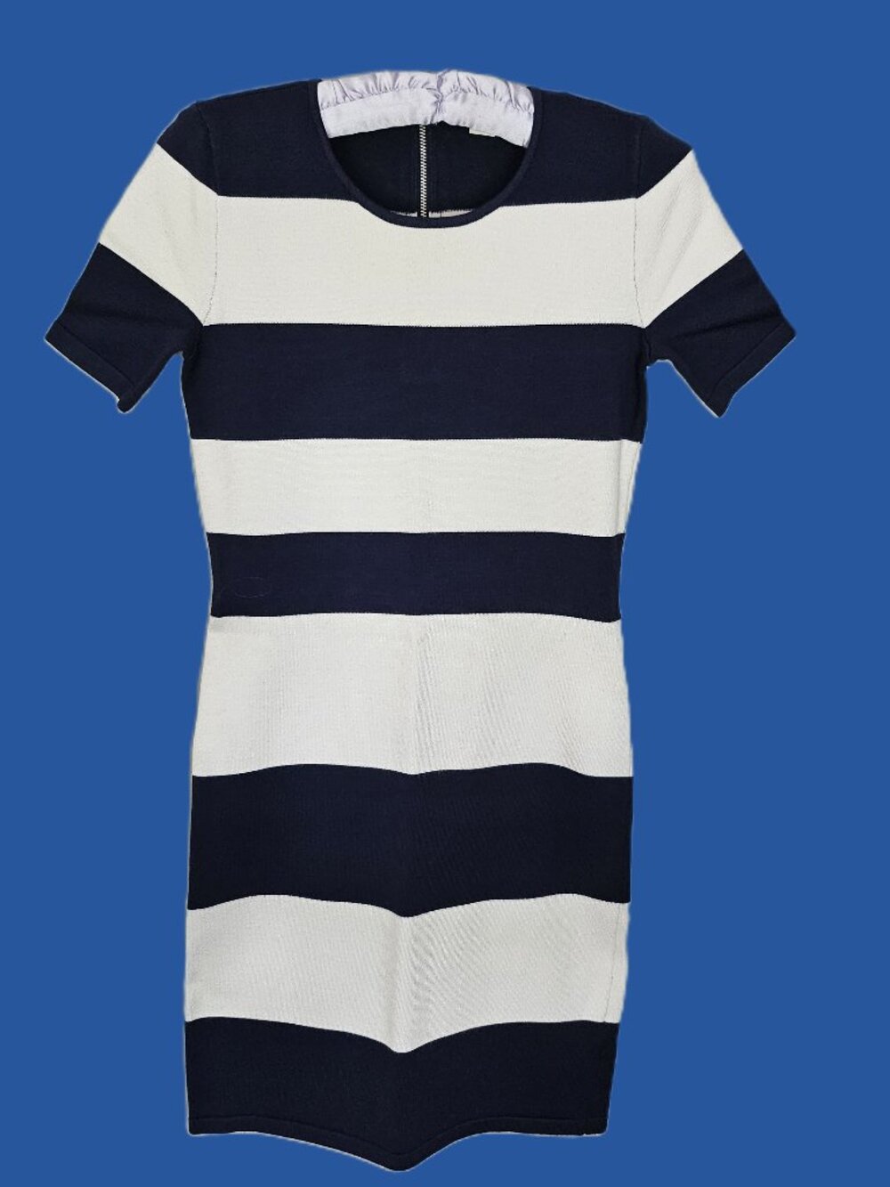 BOSTON PROPER NAVY & WHITE STRIPED KNIT SHORT SLEEVED DRESS W/  ZIPPER SZ XXS